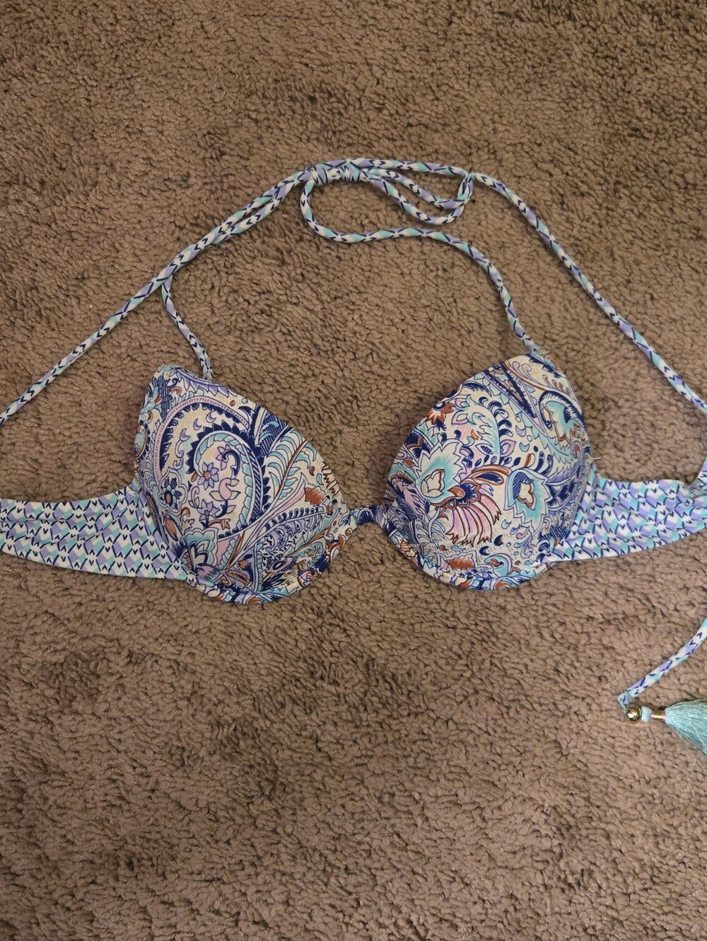 Victoria's Secret Light Blue and Coral Patterned Bikini Top